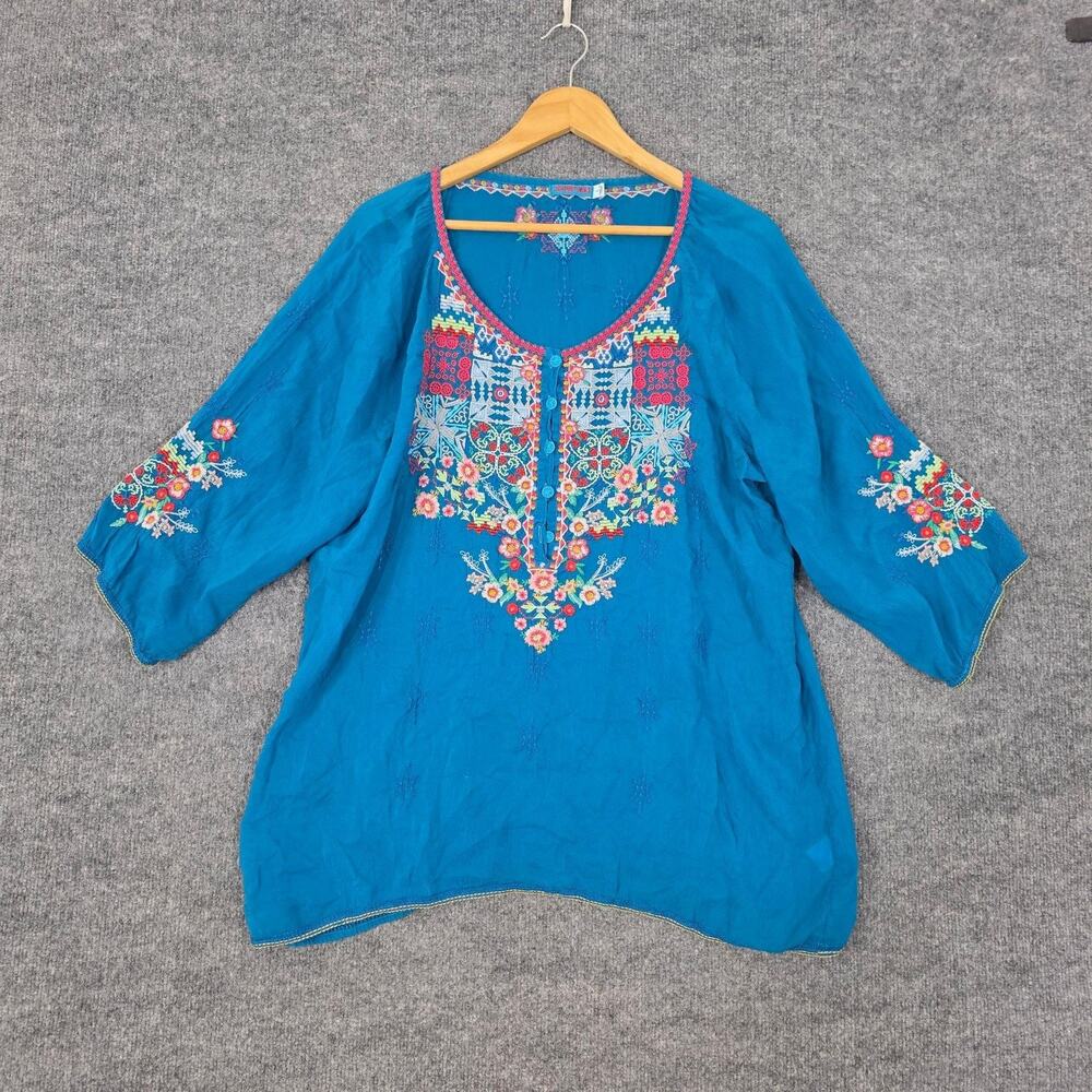 Johnny Was Blouse Large Muna Embroidered Boho Peasant Blue Tunic Boho Artsy